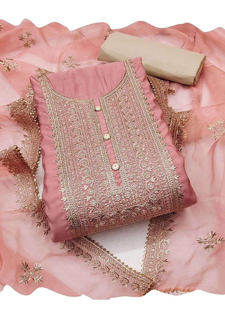 Peach Embroidered Blended Straight Kurta Set - Indya