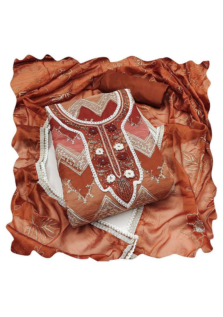 Brown Embellished Organza Kurta Set