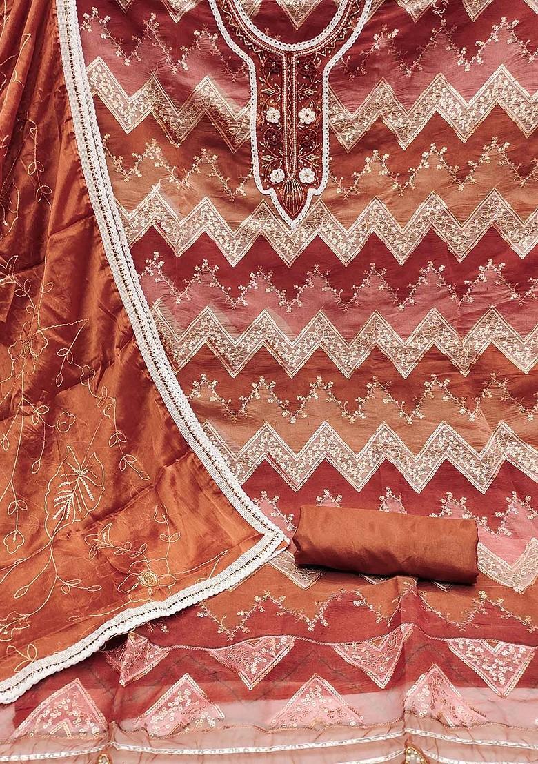 Brown Embellished Organza Kurta Set