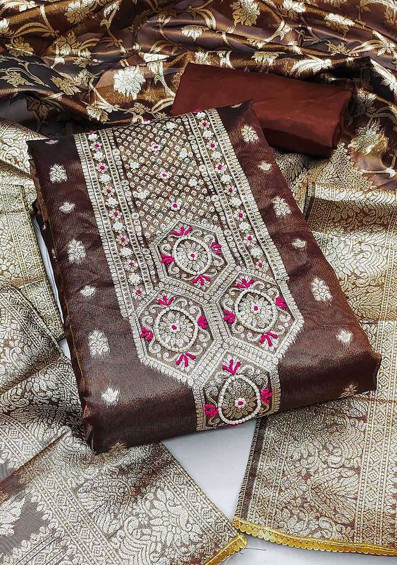 Brown Embroidered Blended Straight Kurta Set - Indya