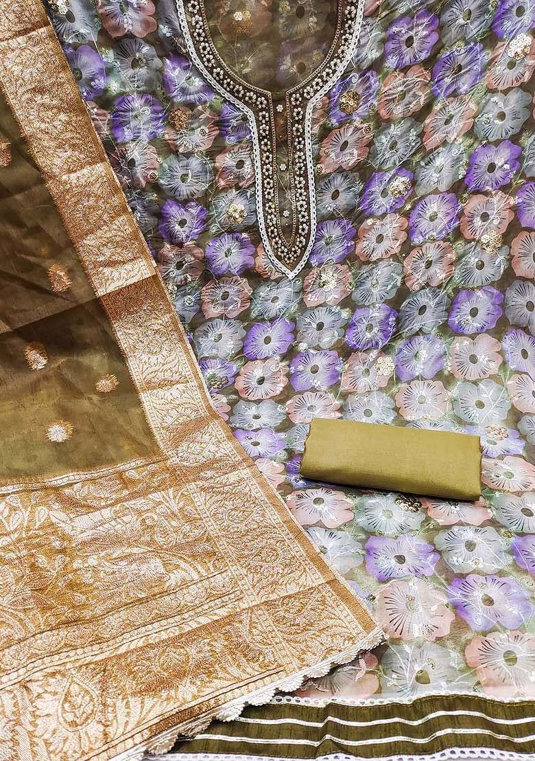 Olive Embroidered Organza Straight Kurta Set - Indya
