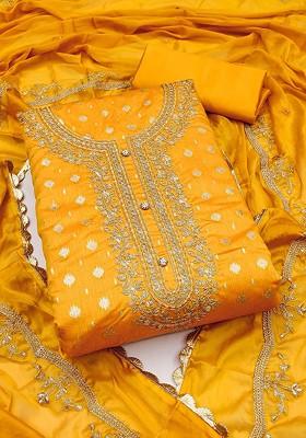 Yellow Embellished Poly Blend Kurta Set
