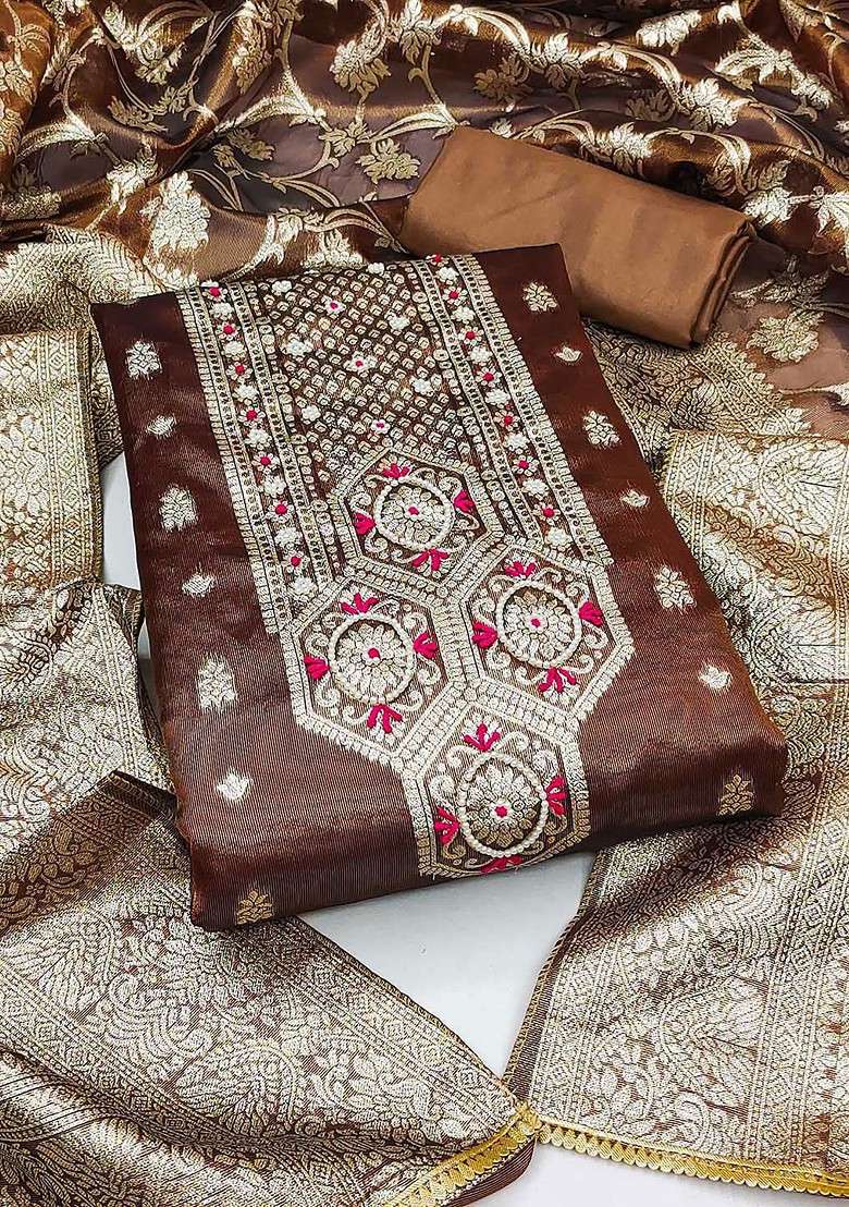 Brown Embroidered Blended Straight Kurta Set - Indya