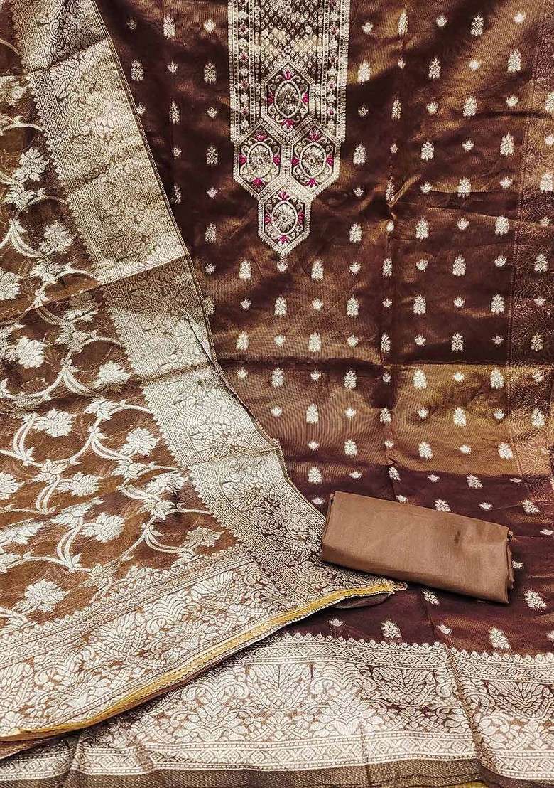 Brown Embroidered Blended Straight Kurta Set - Indya