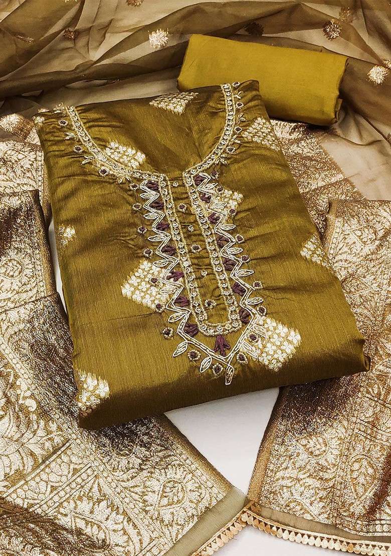 Olive Embroidered Blended Straight Kurta Set - Indya