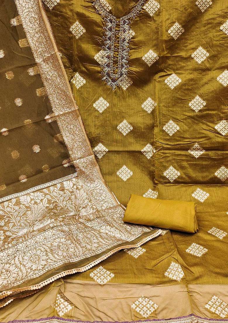 Olive Embroidered Blended Straight Kurta Set - Indya