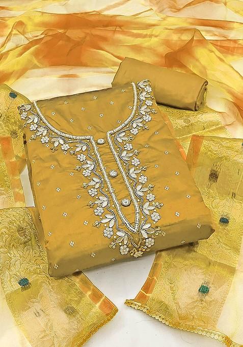 Yellow Embroidered Blended Straight Kurta Set