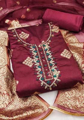 Maroon Embellished Poly Blend Kurta Set