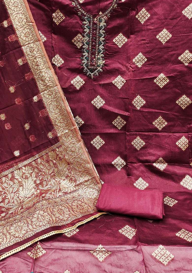 Maroon Embroidered Blended Straight Kurta Set - Indya