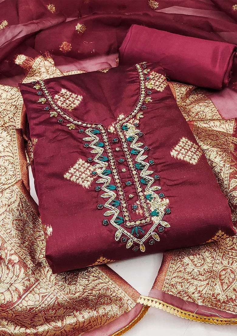 Maroon Embroidered Blended Straight Kurta Set - Indya