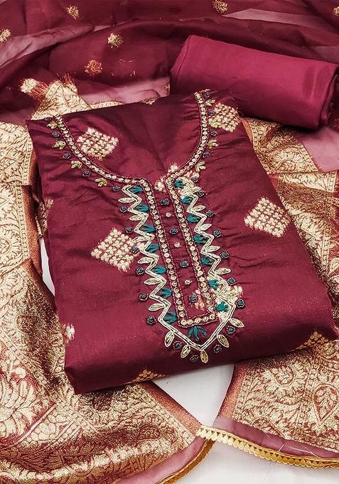 Maroon Embellished Poly Blend Kurta Set