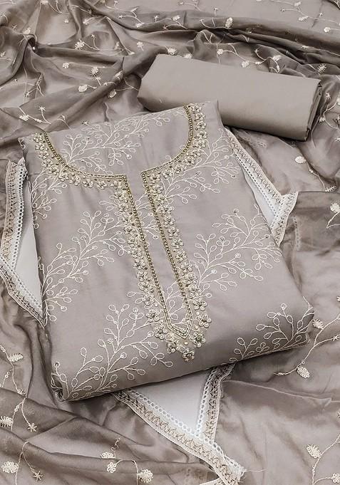 Grey Embellished Poly Blend Kurta Set