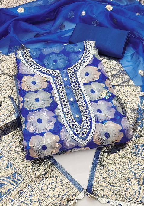 Blue Embroidered Blended Straight Kurta Set