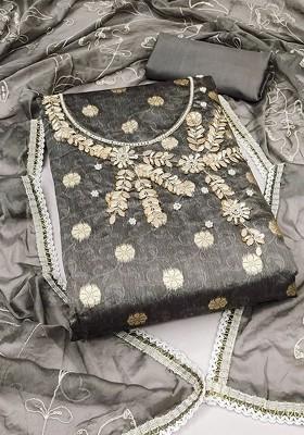 Grey Embellished Poly Blend Kurta Set