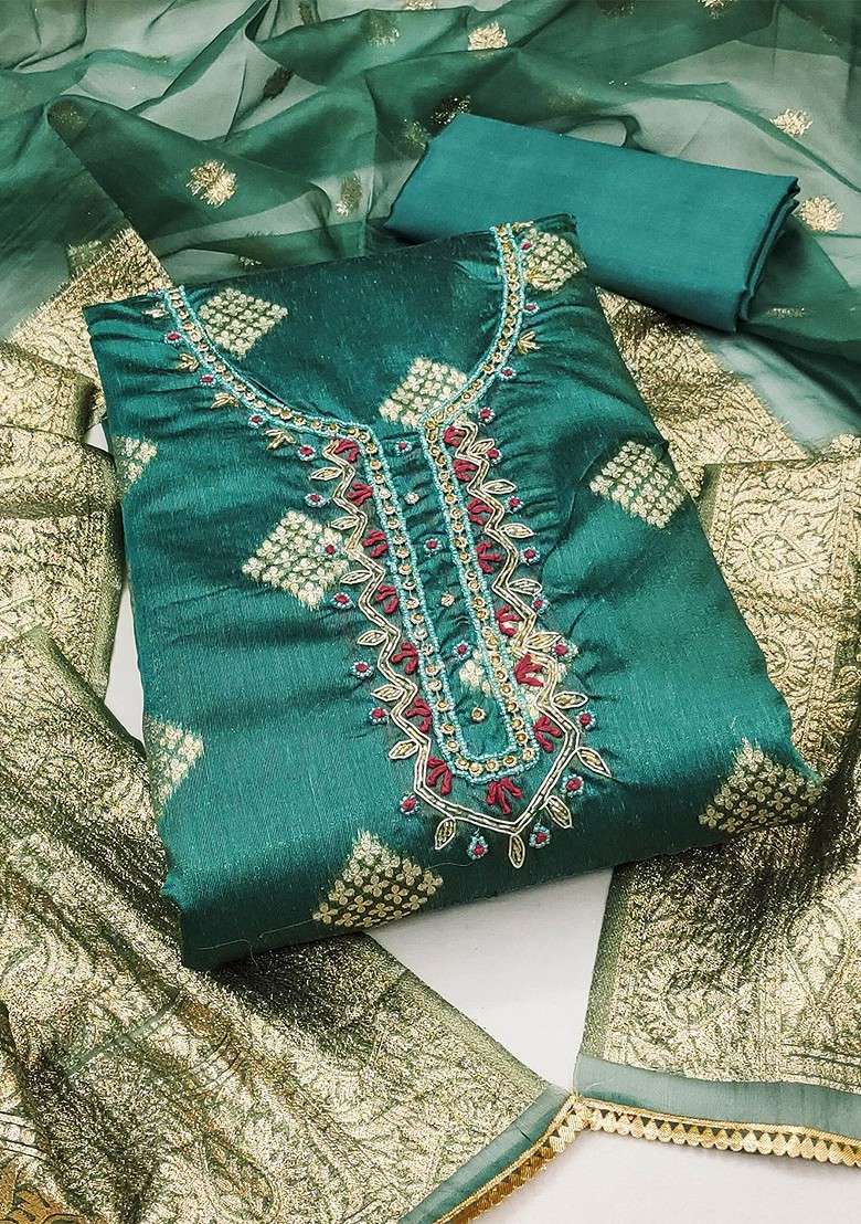 Sea Green Embroidered Poly Straight Kurta Set - Indya
