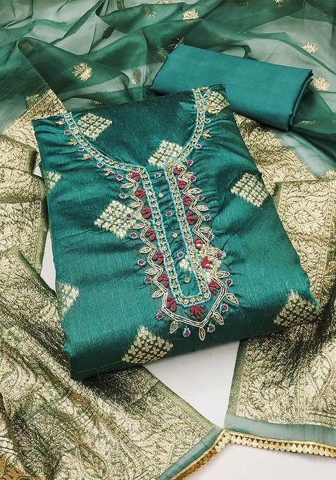 Sea Green Woven Poly Blend Kurta Set