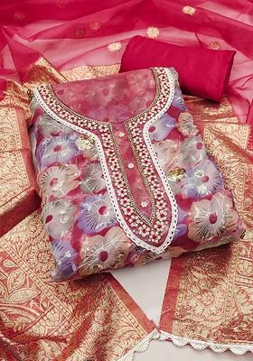 Red Embellished Poly Blend Kurta Set