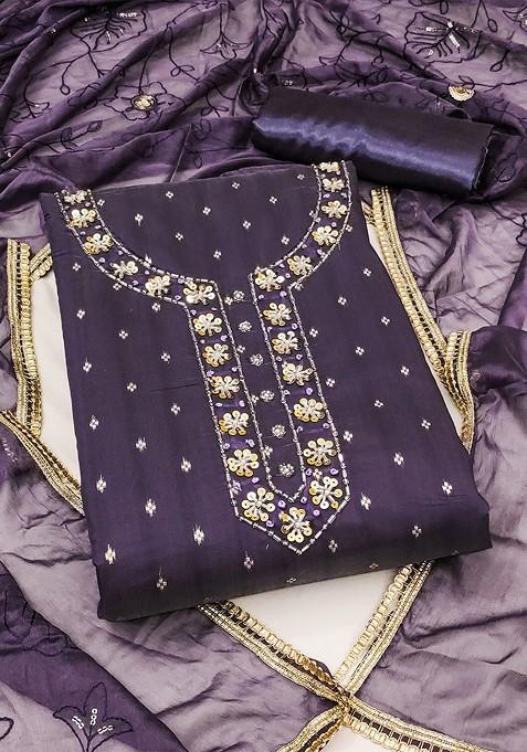 Purple Embellished Poly Blend Kurta Set