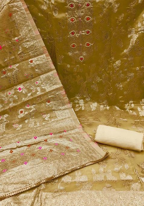 Beige Embellished Organza Kurta Set