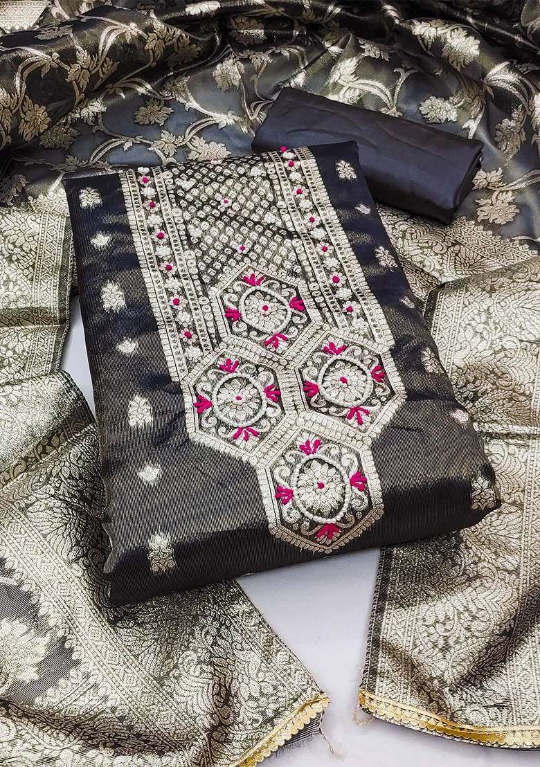 Black Jacquard Blended Straight Kurta Set - Indya