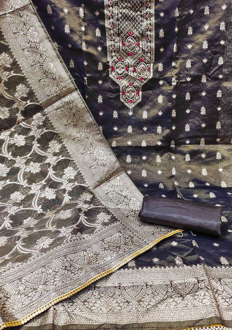 Black Jacquard Blended Straight Kurta Set - Indya
