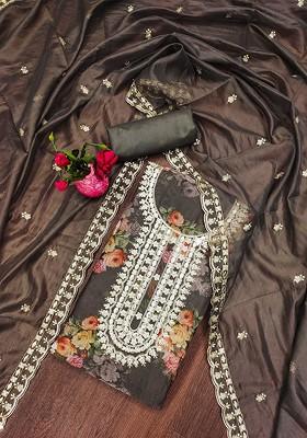 Grey Embellished Organza Kurta Set