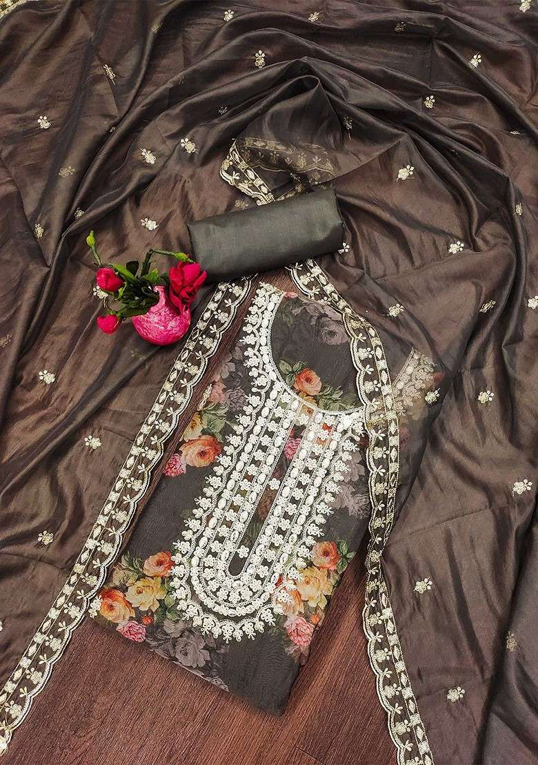 Grey Embroidered Organza Straight Kurta Set - Indya