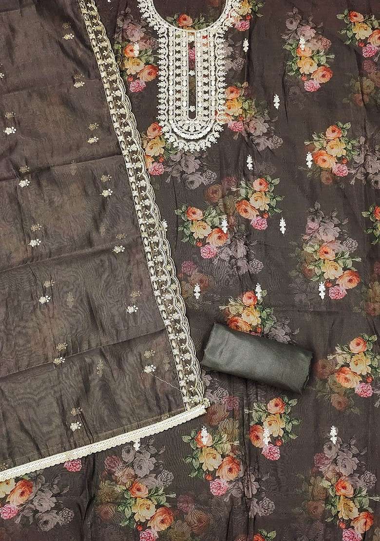 Grey Embroidered Organza Straight Kurta Set - Indya