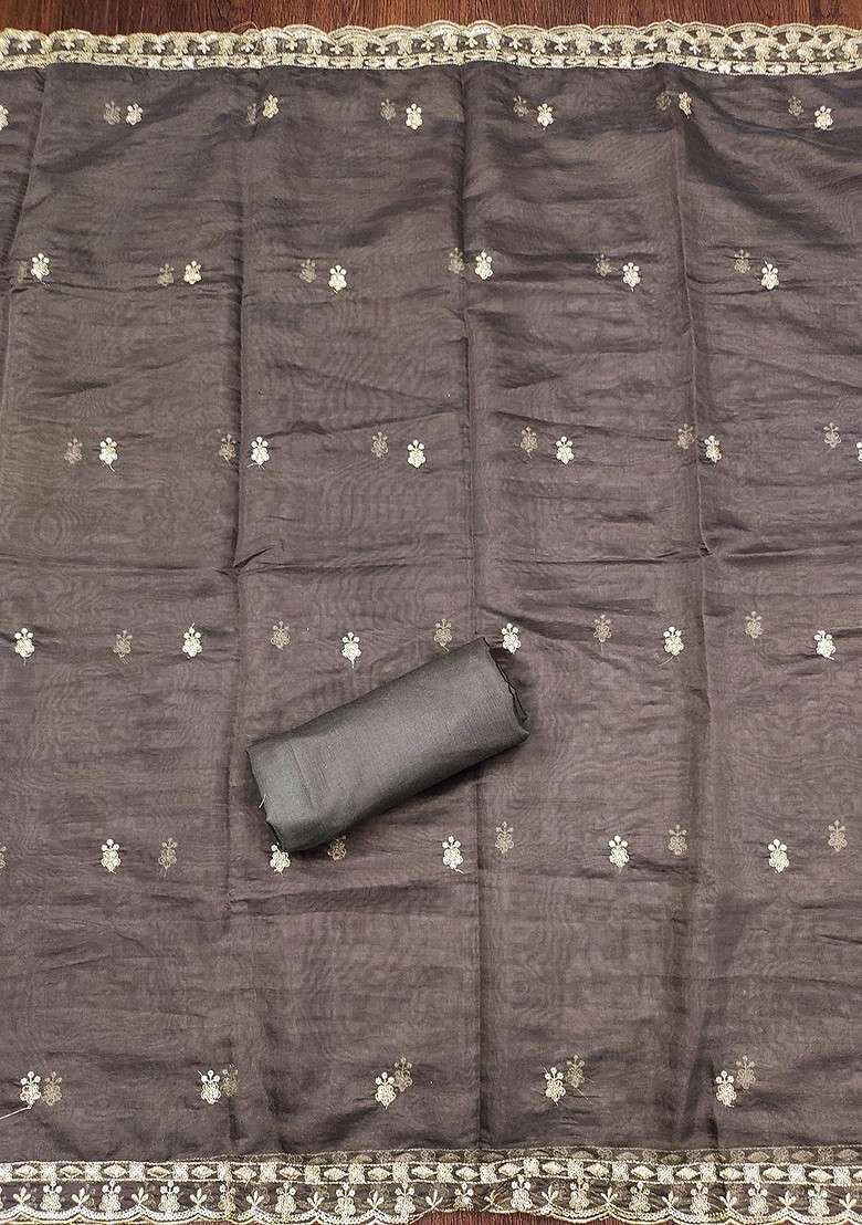 Grey Embroidered Organza Straight Kurta Set - Indya