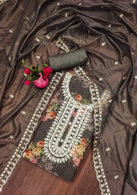 Grey Embellished Organza Kurta Set
