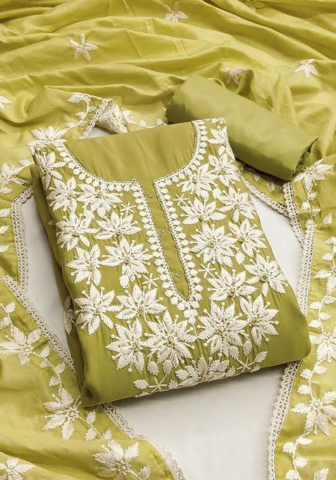 Lime Green Chikankari Poly Straight Kurta Set — view on Indya
