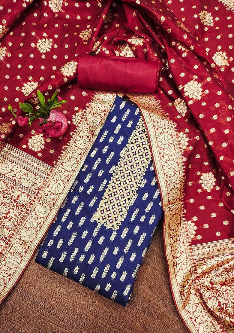 Navy Blue Woven Poly Blend Kurta Set - Indya