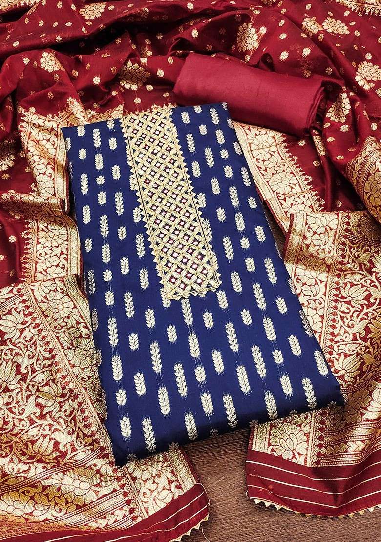 Navy Blue Woven Poly Blend Kurta Set - Indya