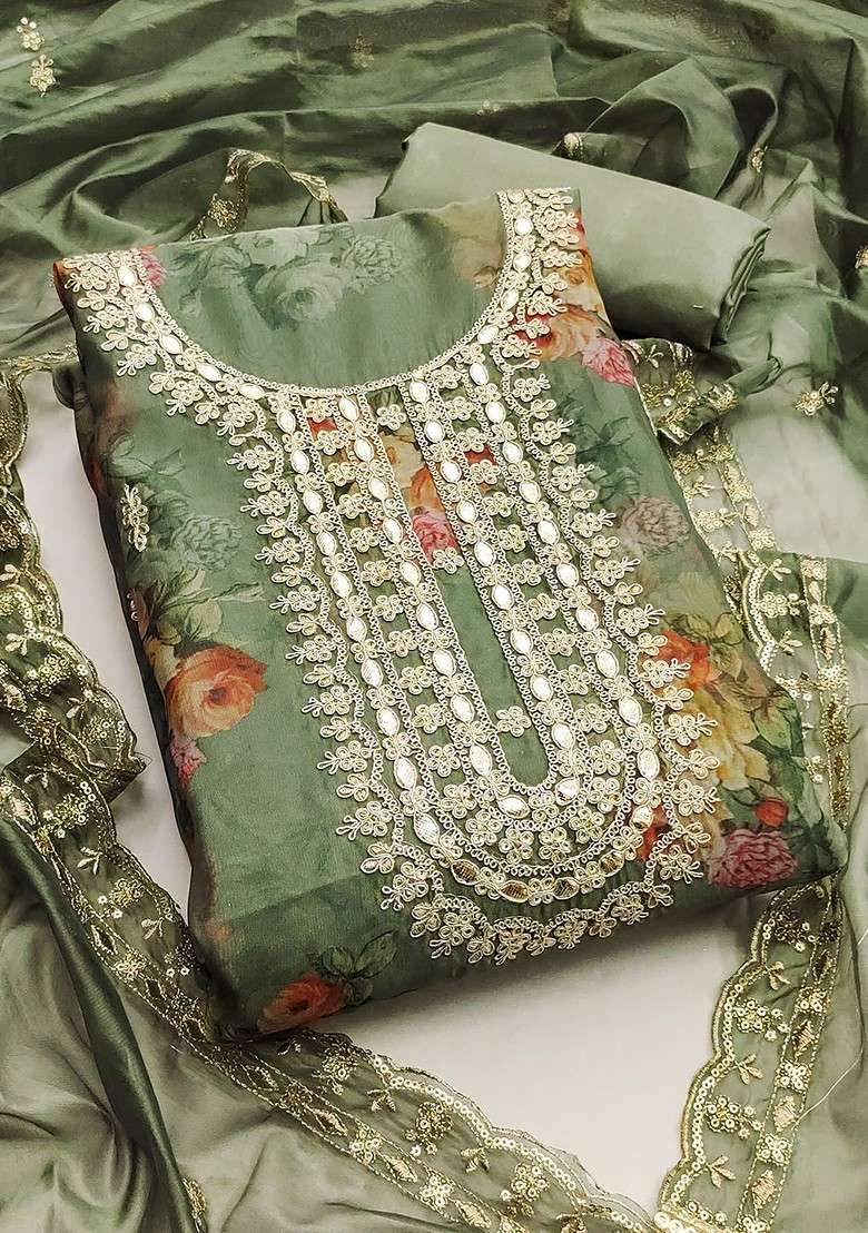 Green Embellished Organza Kurta Set - Indya