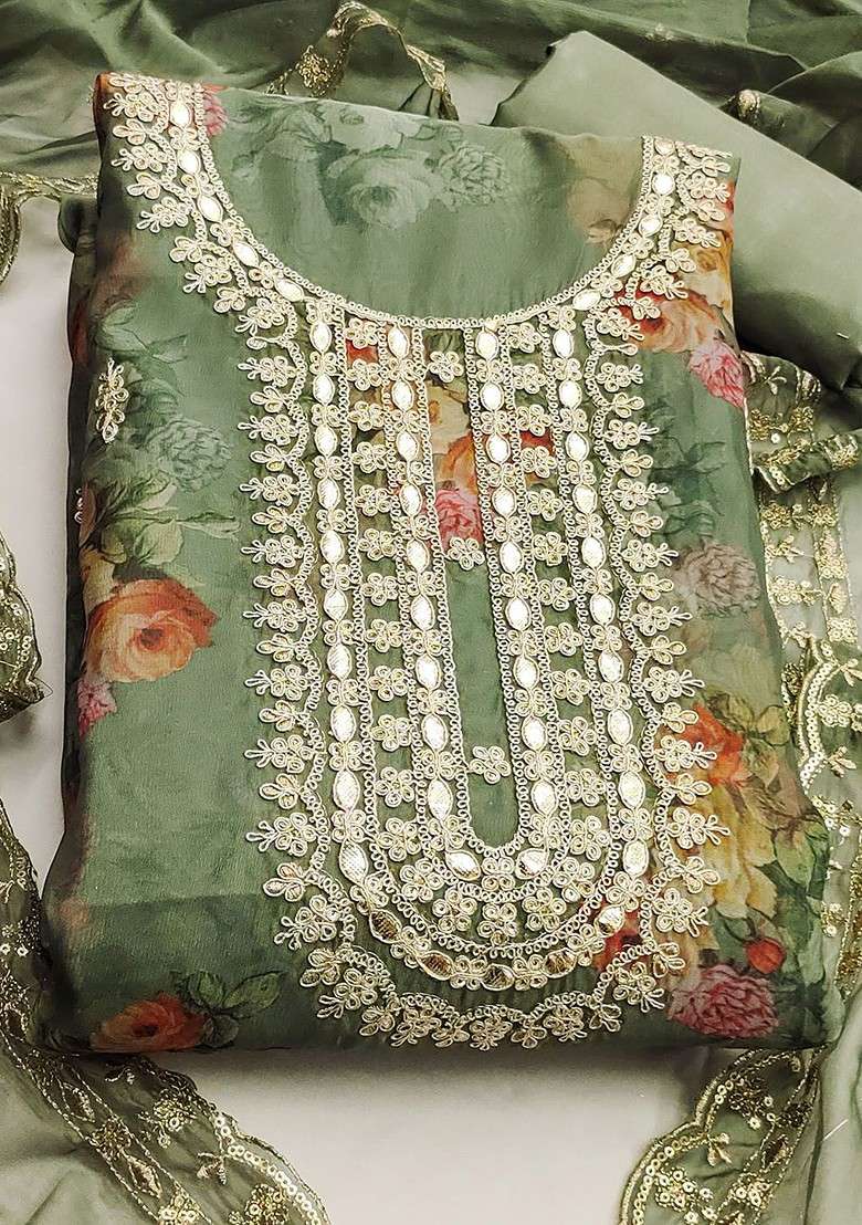Green Embellished Organza Kurta Set - Indya