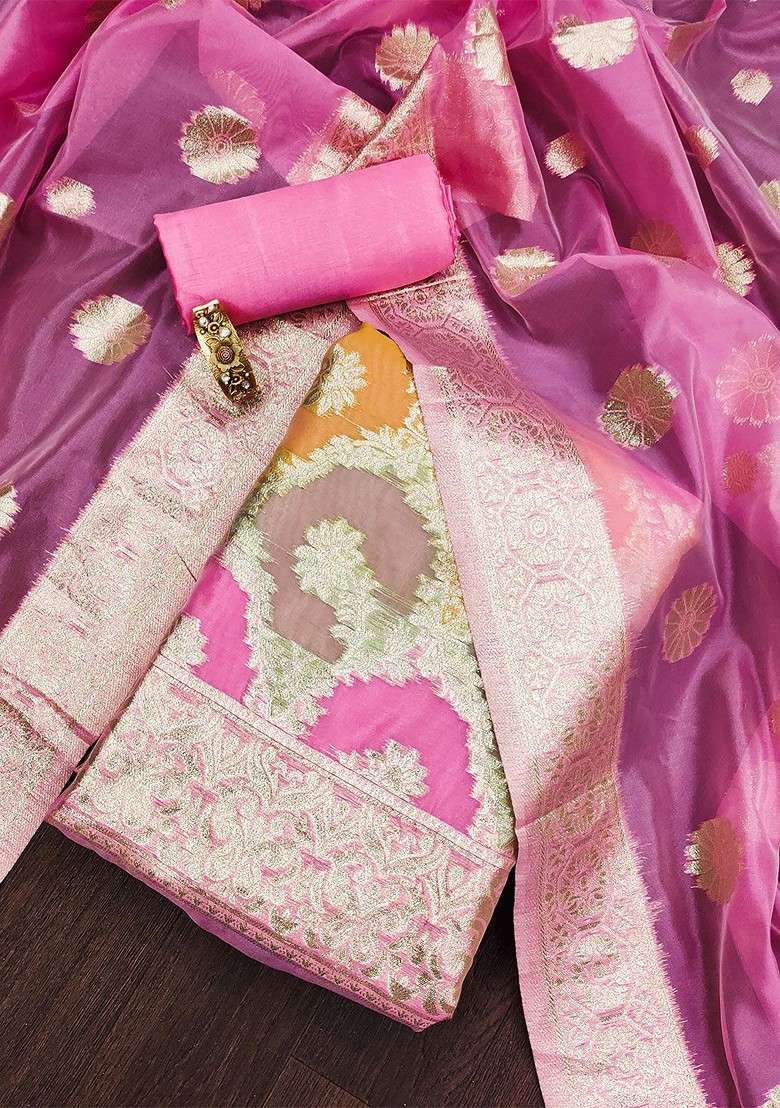 Pink Zari Work Blended Straight Kurta Set - Indya
