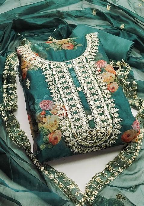Sea Green Floral Print Organza Kurta Set