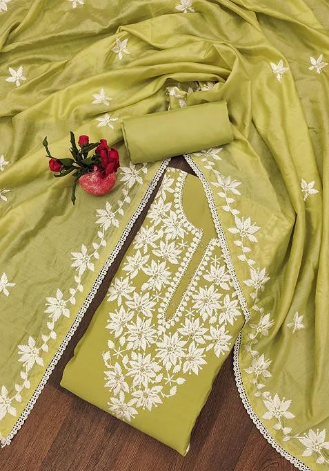 Lime Green Chikankari Poly Straight Kurta Set