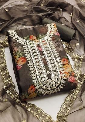 Grey Embellished Organza Kurta Set