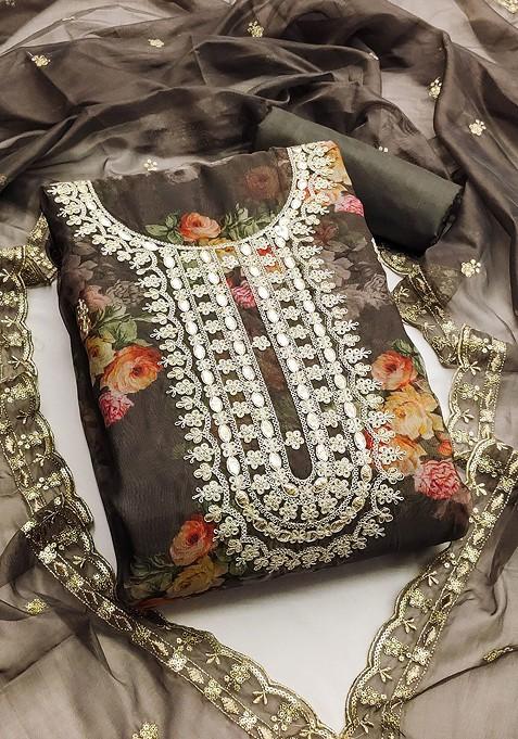 Grey Embellished Organza Kurta Set