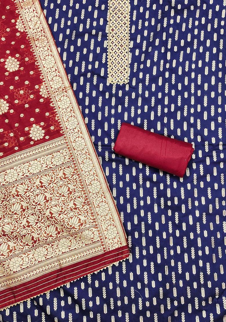 Navy Blue Woven Banarasi Jacquard Kurta Set