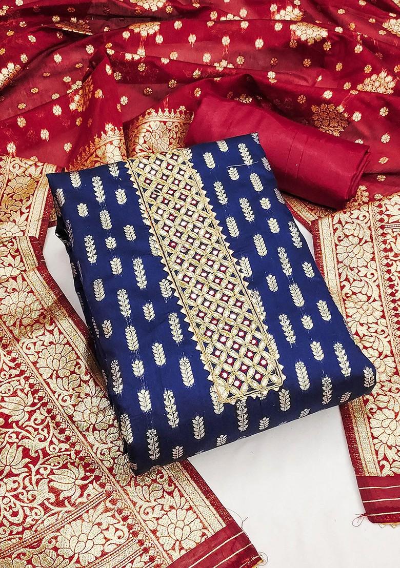 Navy Blue Woven Banarasi Jacquard Kurta Set