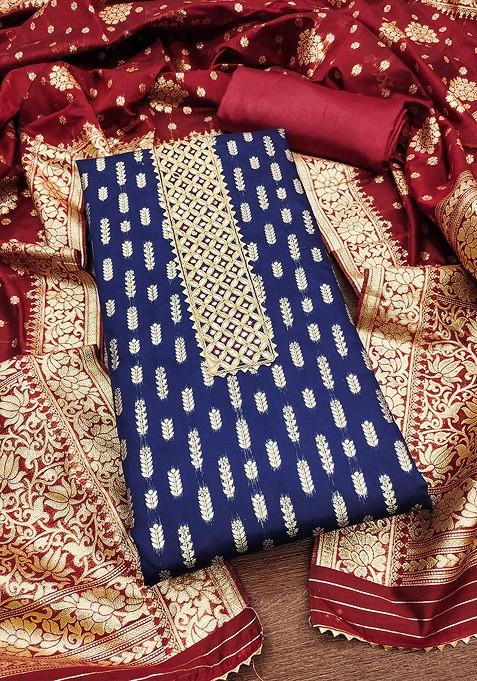 Navy Blue Woven Banarasi Jacquard Kurta Set