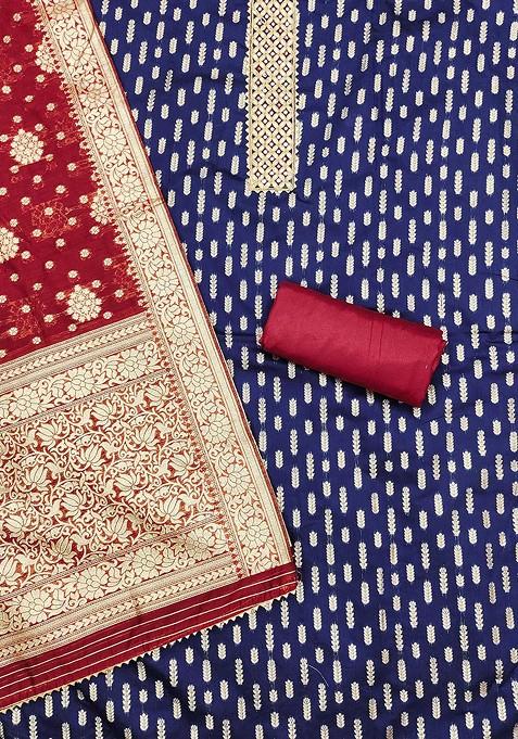 Navy Blue Woven Banarasi Jacquard Kurta Set