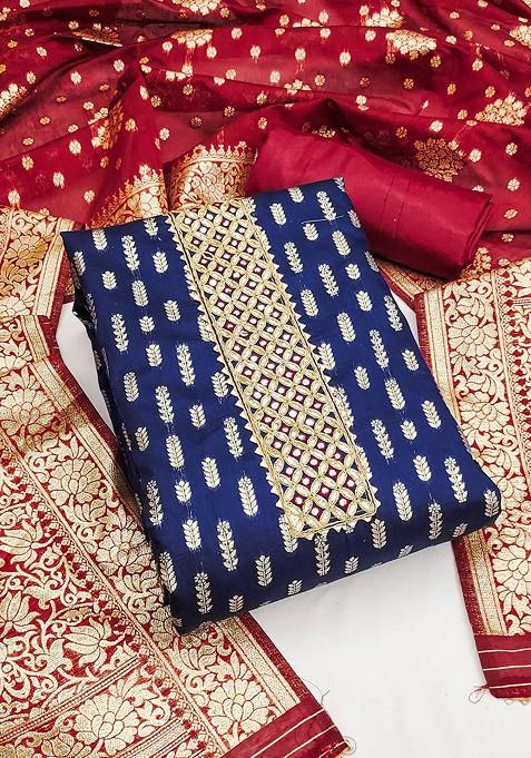 Navy Blue Woven Banarasi Jacquard Kurta Set