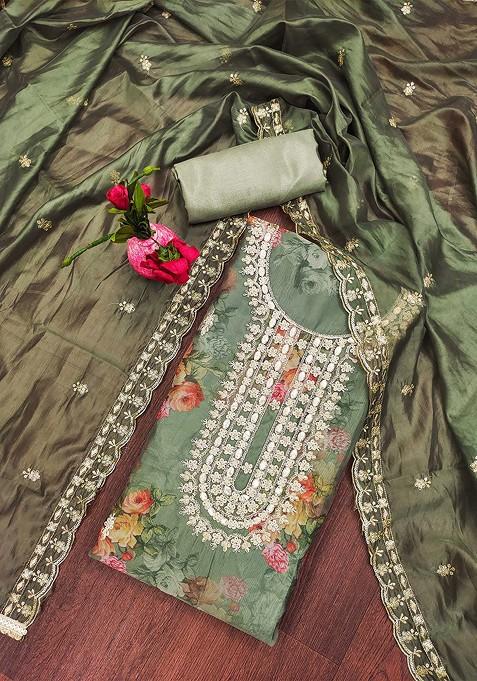 Green Floral Print Poly Blend Kurta Set