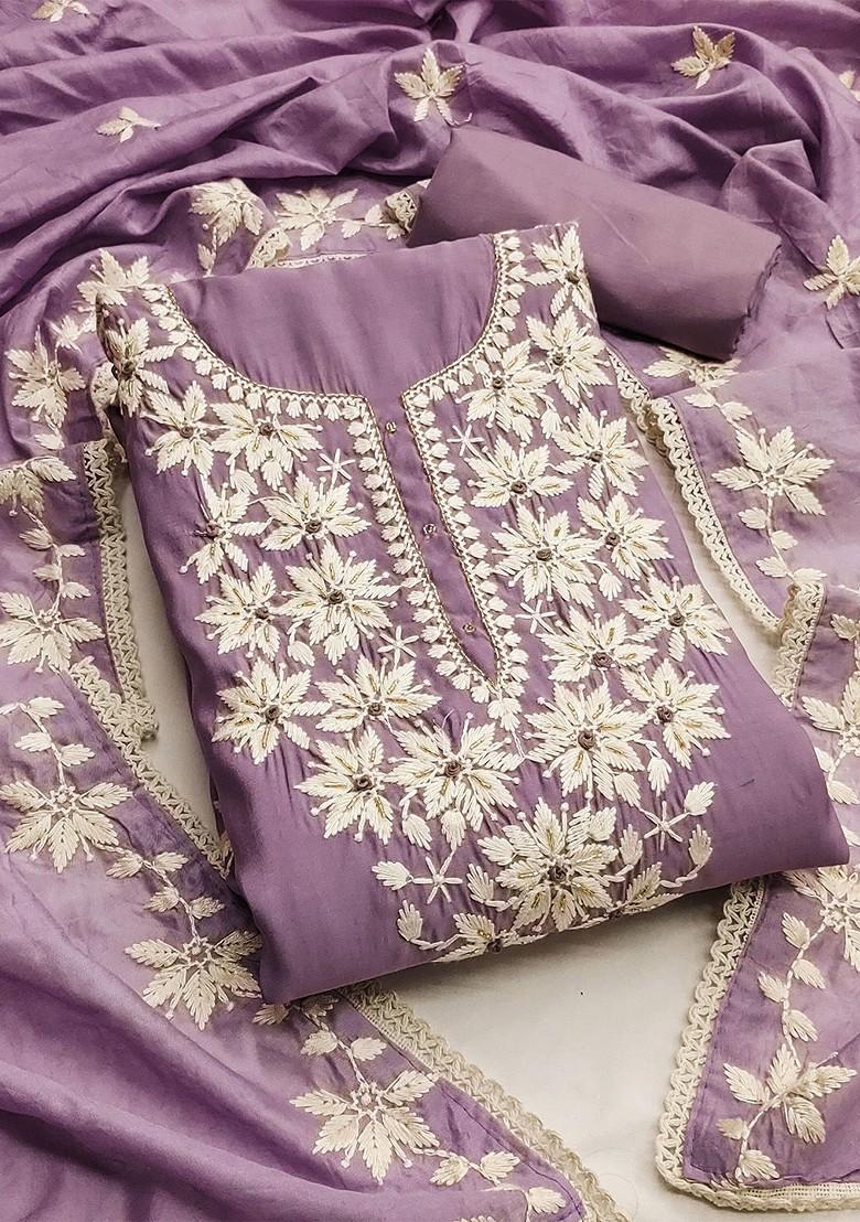 Lavender Embroidered Poly Blend Kurta Set - Indya