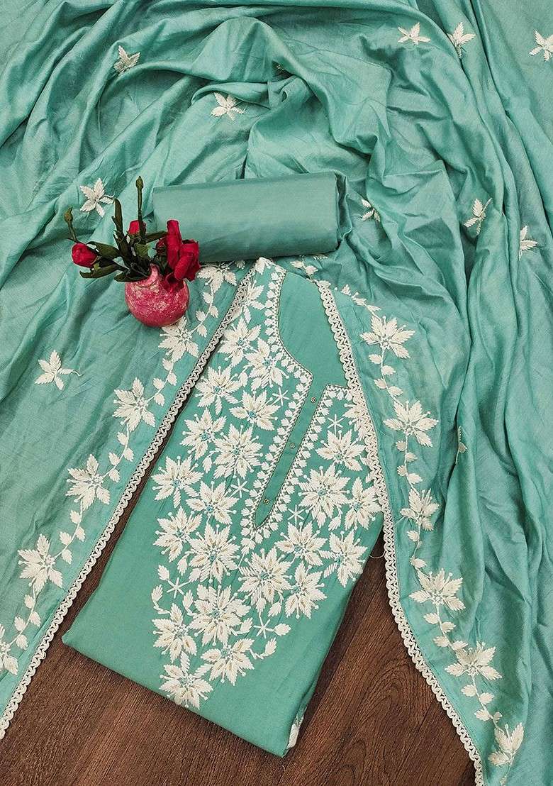 Sea Green Chikankari Poly Pakistani Suit Set - Indya