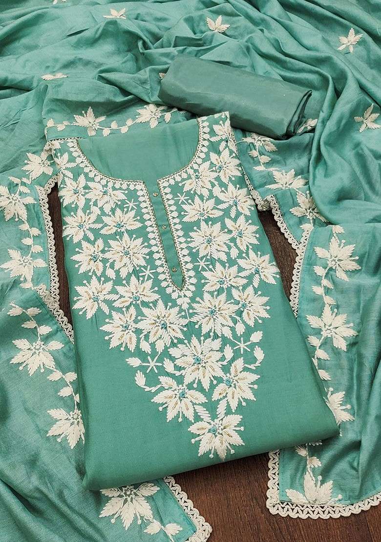 Sea Green Chikankari Poly Pakistani Suit Set - Indya