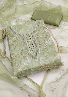 Lime Green Embellished Organza Kurta Set